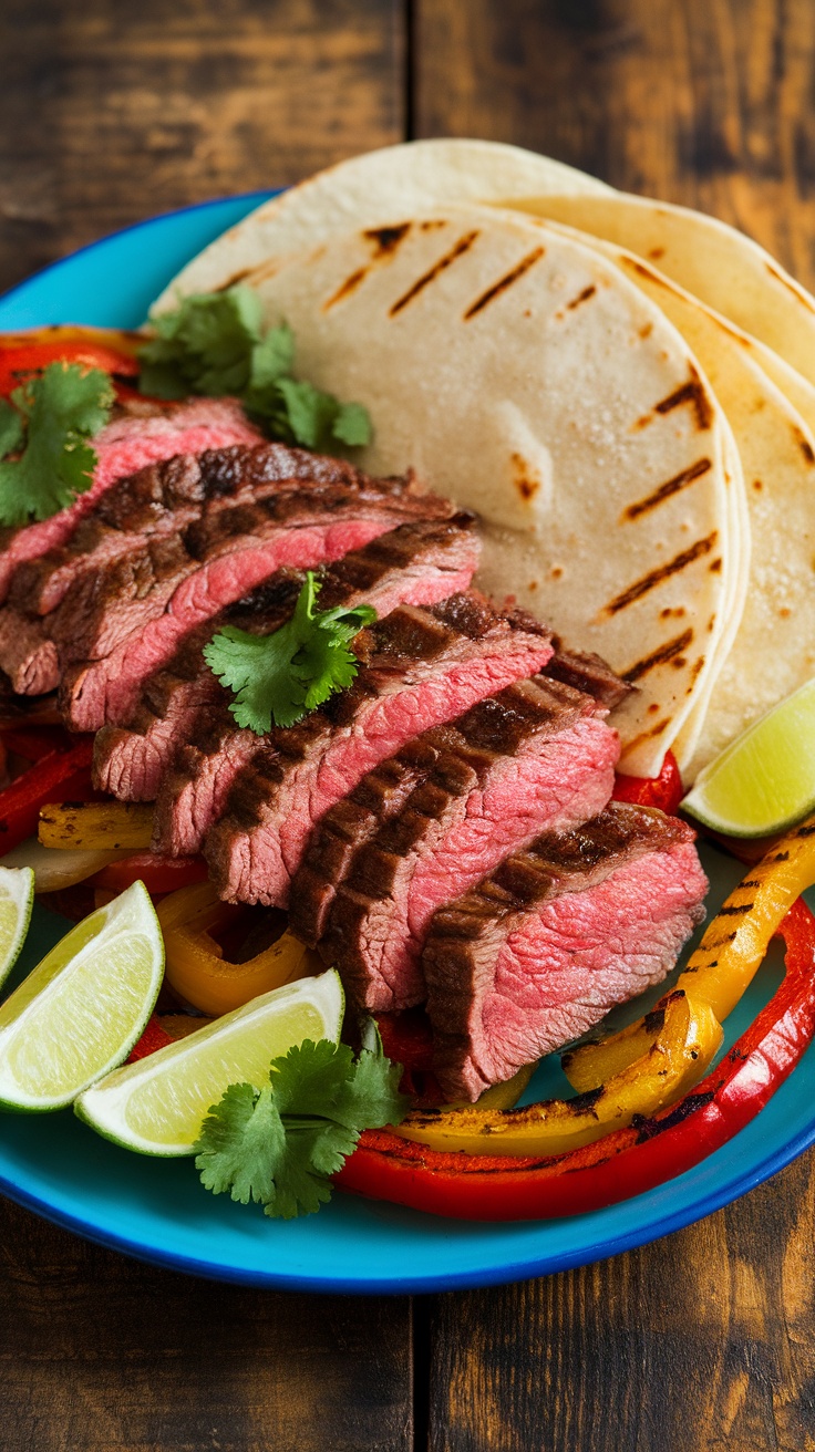 A delicious serving of grilled skirt steak fajitas with colorful peppers and onions on tortillas, garnished with cilantro and lime.